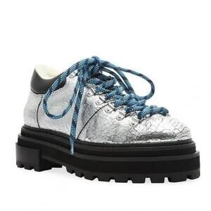 Schutz Lucille Metallic Leather Faux Shearling Lined Lace Up Booties NWOB